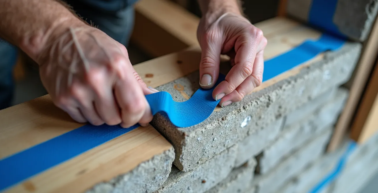 Macro shot of airtightness membrane installation detail at window junction