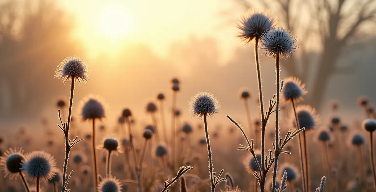 Late autumn wildflower meadow with standing seed heads covered in morning frost
