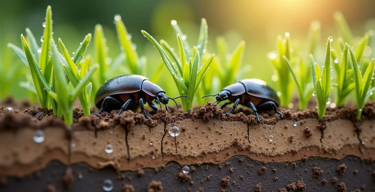 Cross-section view of a beetle bank showing grass tussocks and insect habitats
