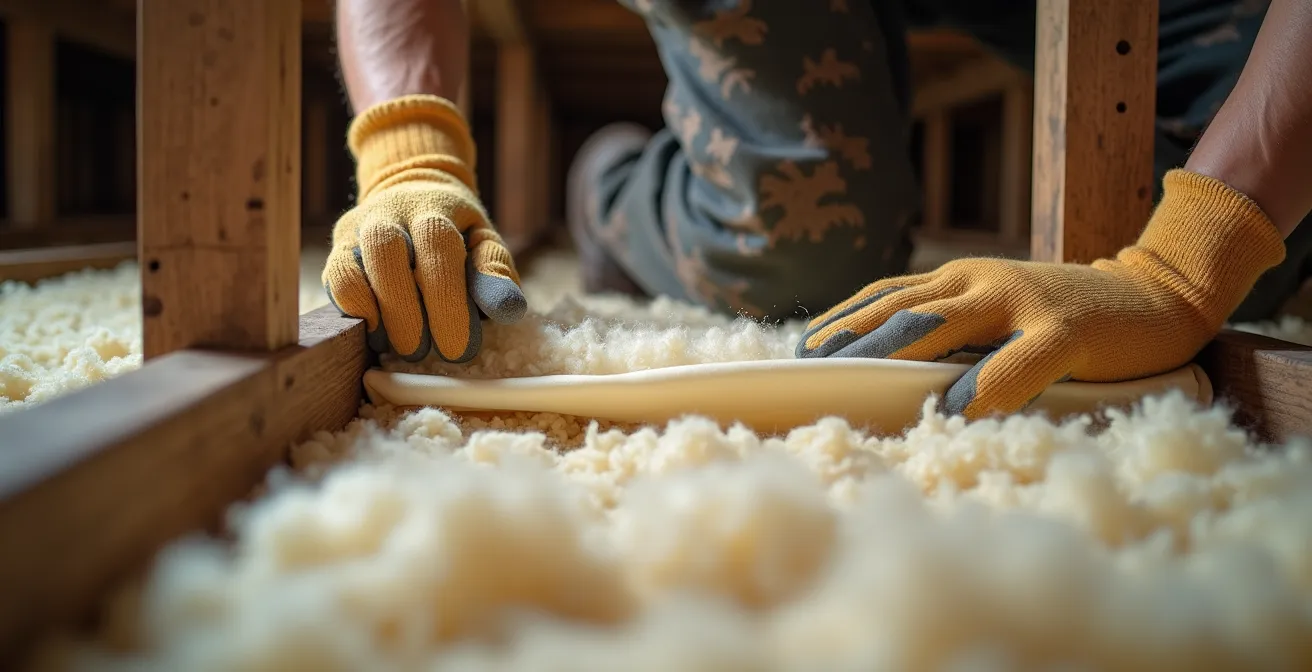 Macro view of sheep's wool insulation being fitted between timber joists from below