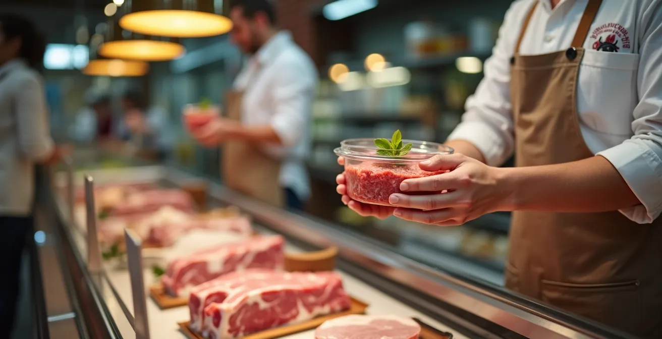 Customer using reusable containers at UK supermarket deli counter