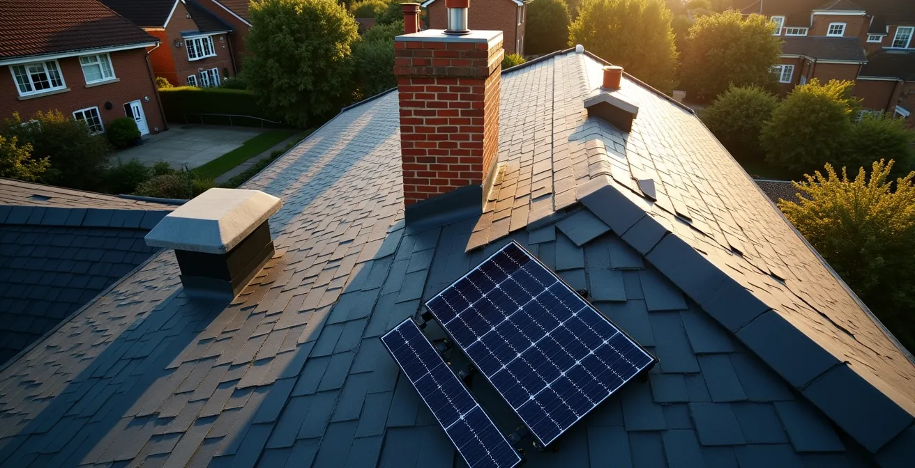 3D visualization of chimney shadow movement across solar panels on British terraced house roof