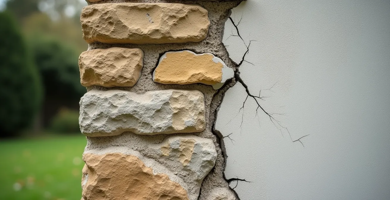 Close-up of damaged Victorian stone wall showing cement render cracking and moisture damage