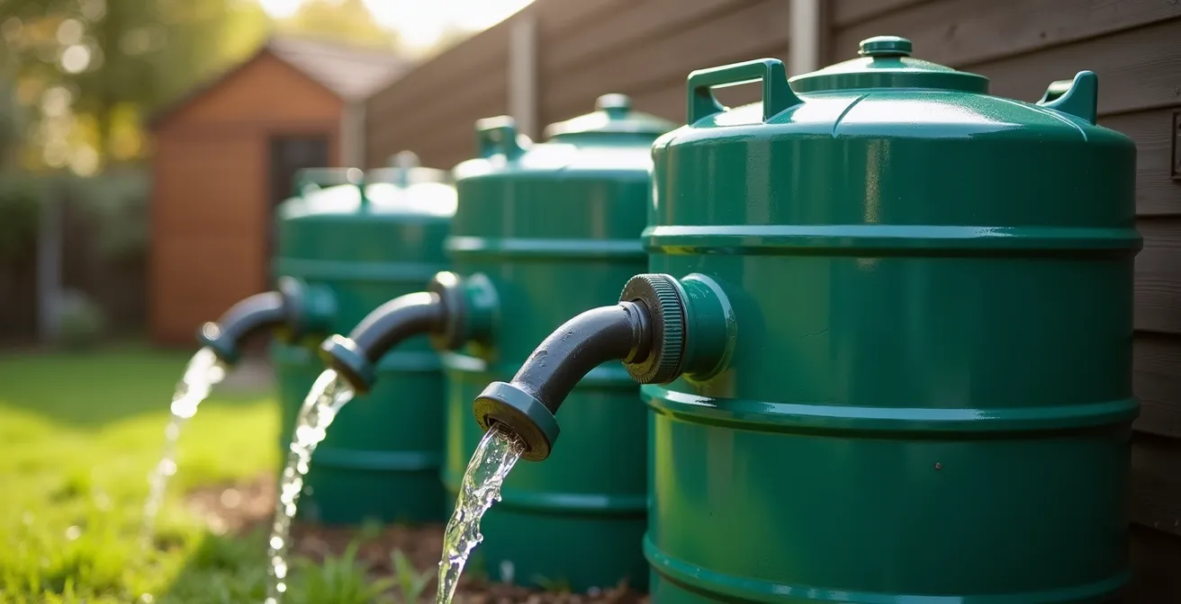 Multiple connected water butts in a cascading arrangement showing pipe connections in a UK garden