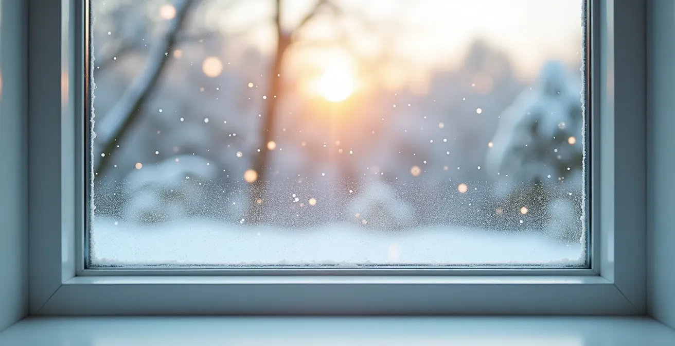 Cross-section diagram showing air flow and condensation patterns in secondary glazing