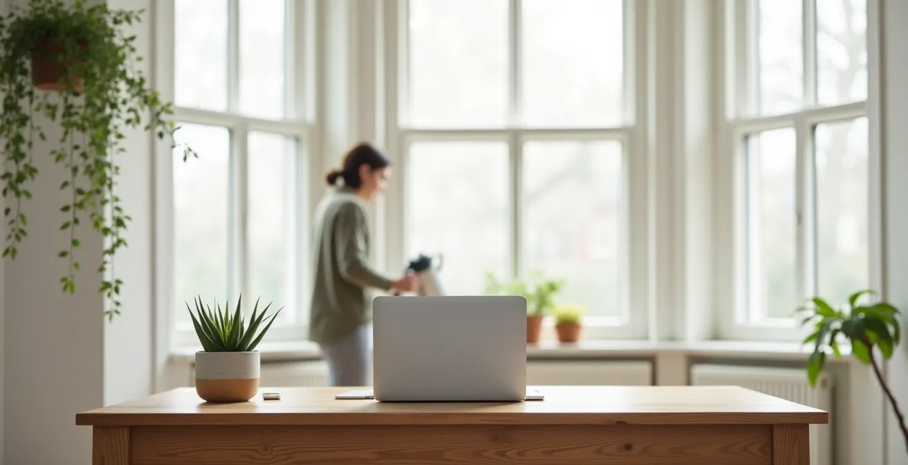 Minimalist UK home office with closed laptop and natural elements, symbolising digital clarity.