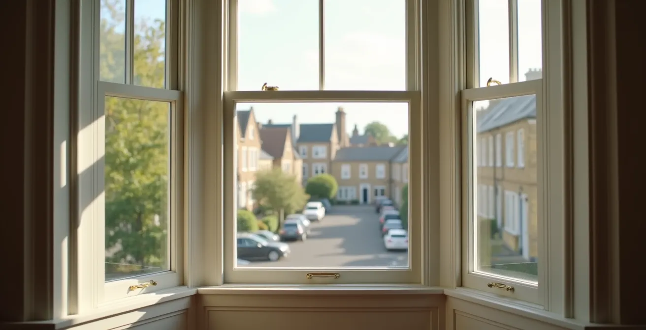 Wide angle view of restored Edwardian bay window in traditional English conservation area