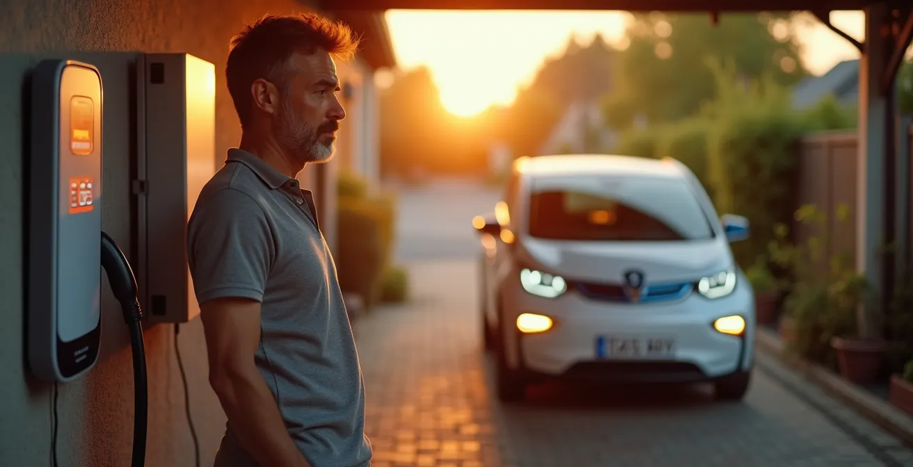 Electric vehicle charging setup showing optimal solar and battery power distribution