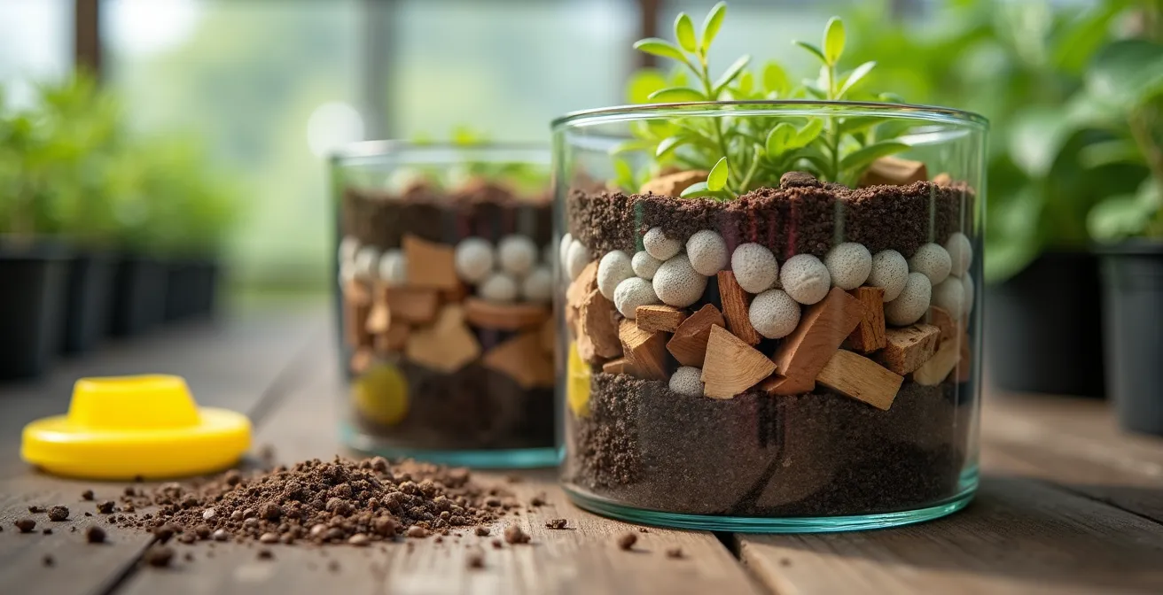 Cross-section view of potted plant showing fungus gnat larvae in decomposing wood fibre compost with adults flying above
