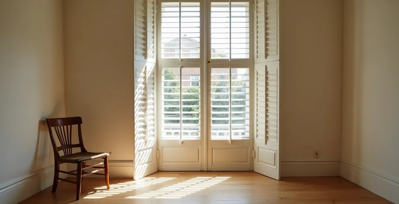 Wide angle view of restored Georgian window shutters in afternoon light showing craftsmanship
