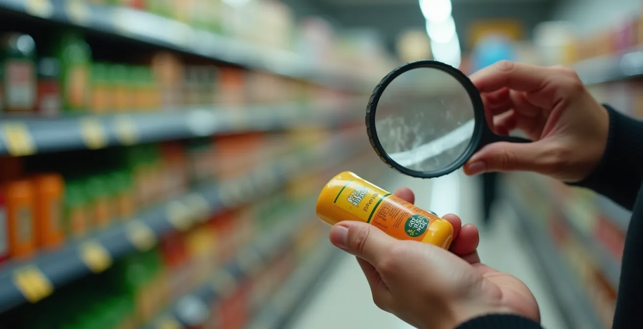 Close-up of hands examining product labels with a magnifying glass in a UK supermarket.