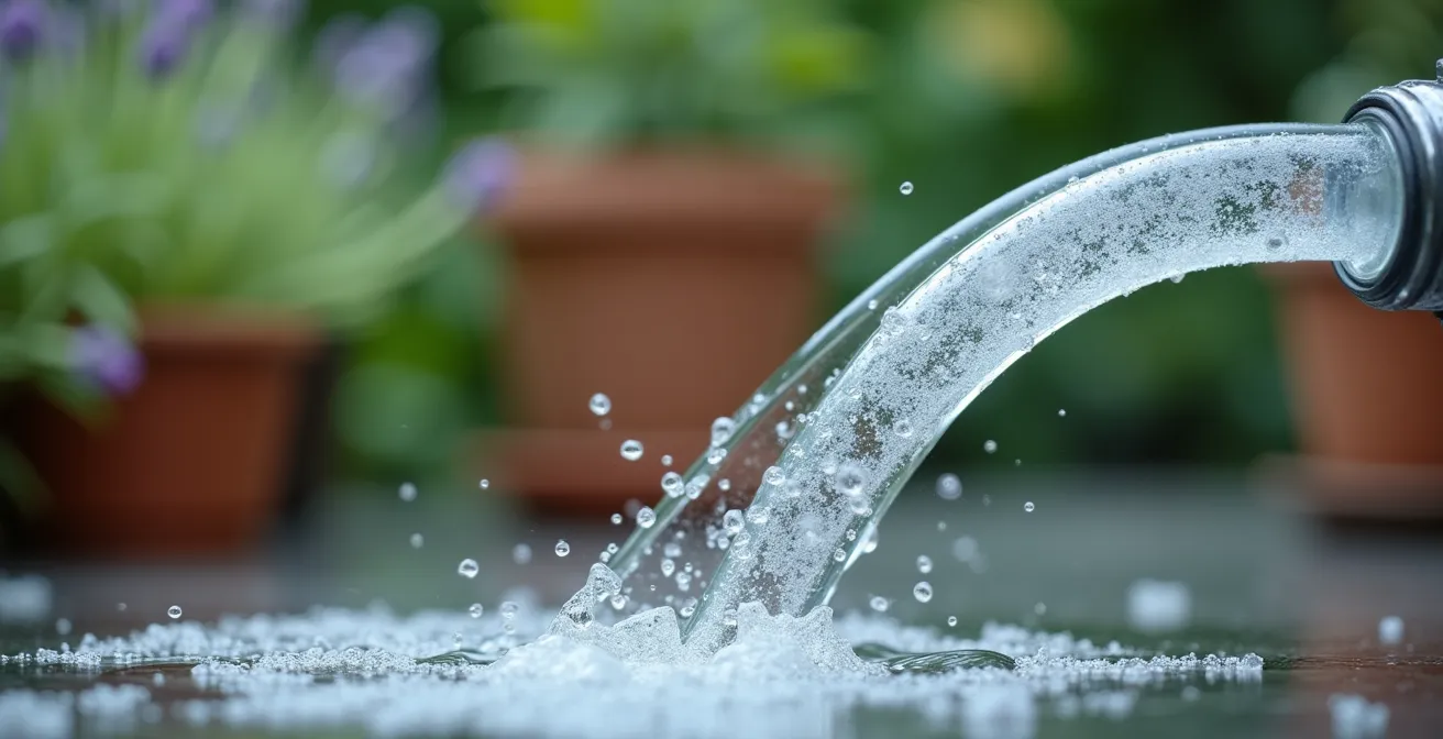 DIY greywater siphon system setup in an English garden