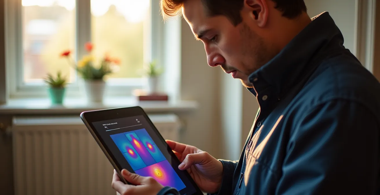 Detailed room-by-room heat loss assessment being conducted in a 1990s UK home with thermal imaging equipment