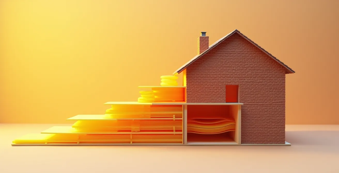 Cross-section view of a British semi-detached house showing warm air rising through inadequate loft insulation