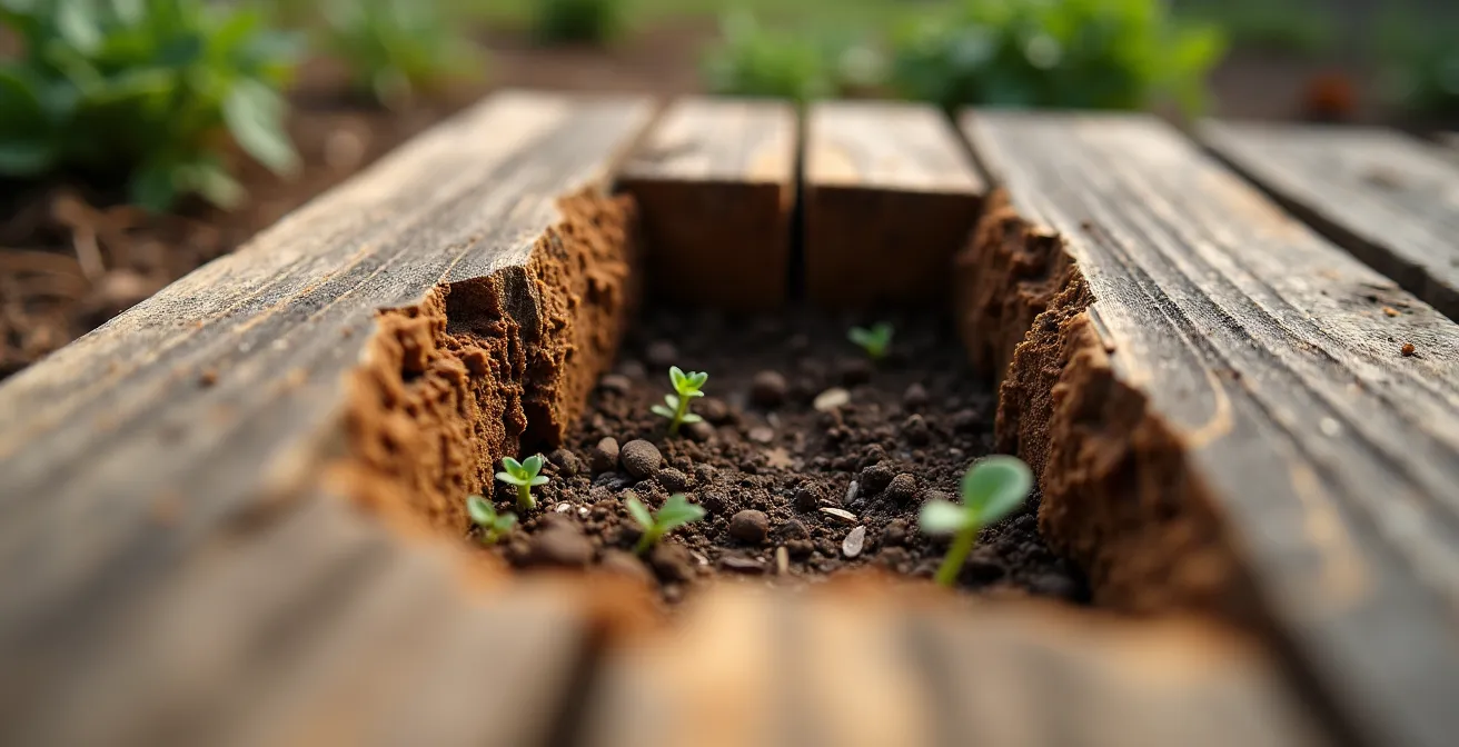 Close-up view of a square hedgehog hole cut into the bottom of a wooden fence panel