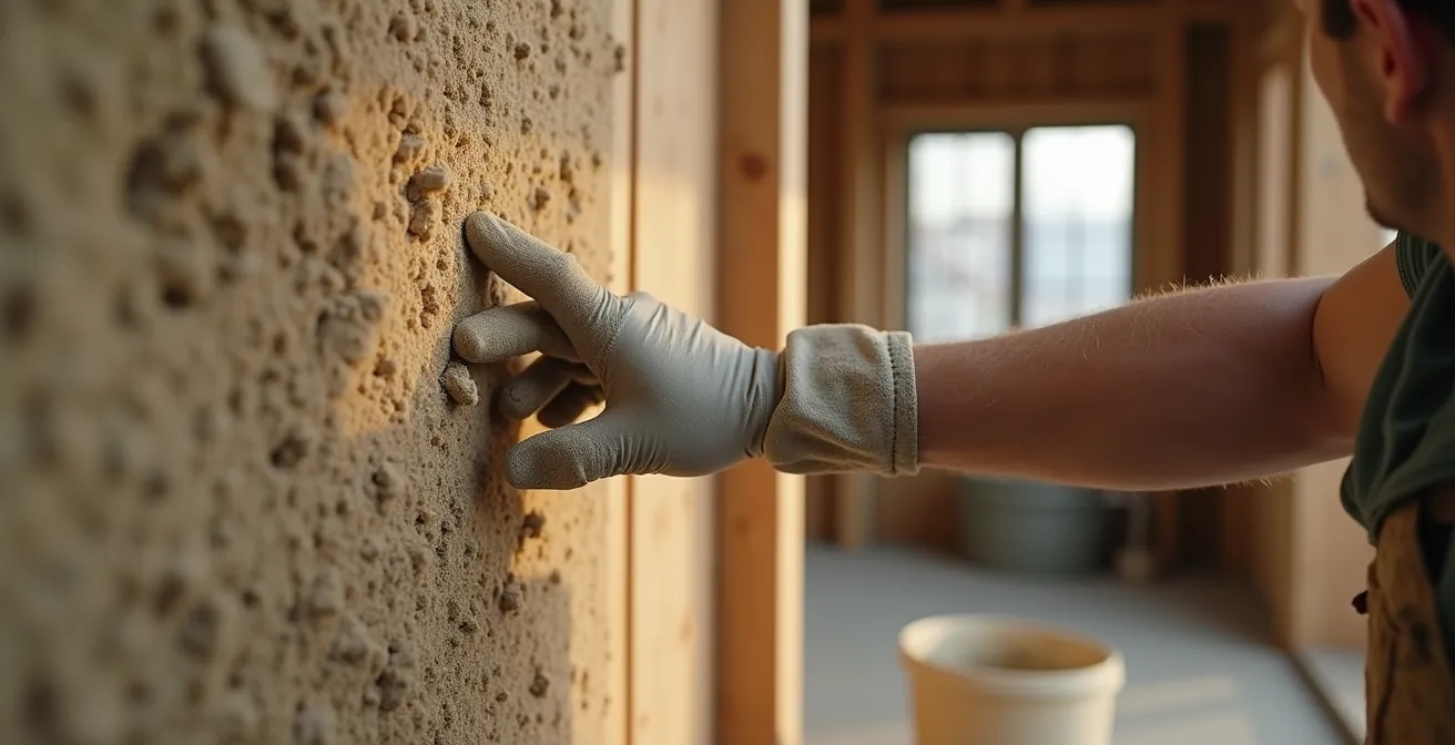Cross-section view of hempcrete wall construction showing natural hemp fibres mixed with lime binder