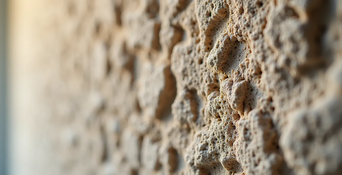 Extreme close-up of hempcrete wall texture showing natural fiber structure