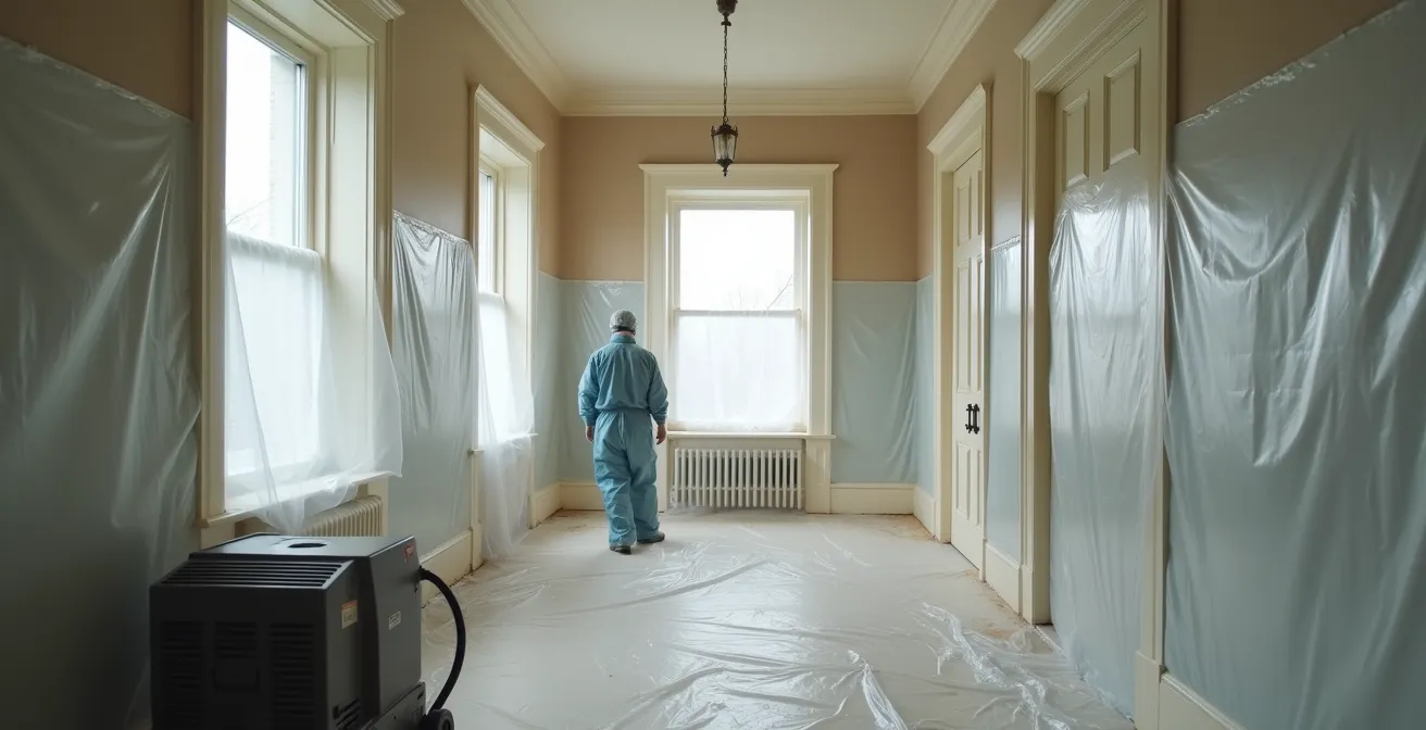 Interior of UK home during retrofit showing professional dust containment setup with sealed zones