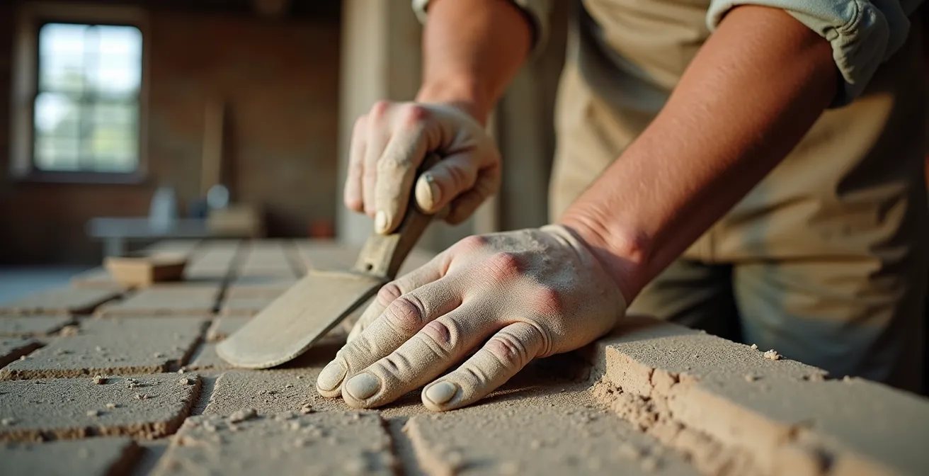 Skilled tradesperson applying recycled glass sand lime render to traditional brick wall