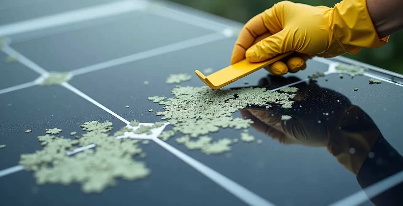 Close-up macro shot of lichen growth being carefully removed from solar panel surface