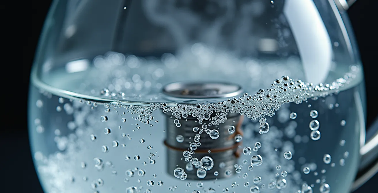 Extreme close-up of electric kettle heating element showing water bubbles forming