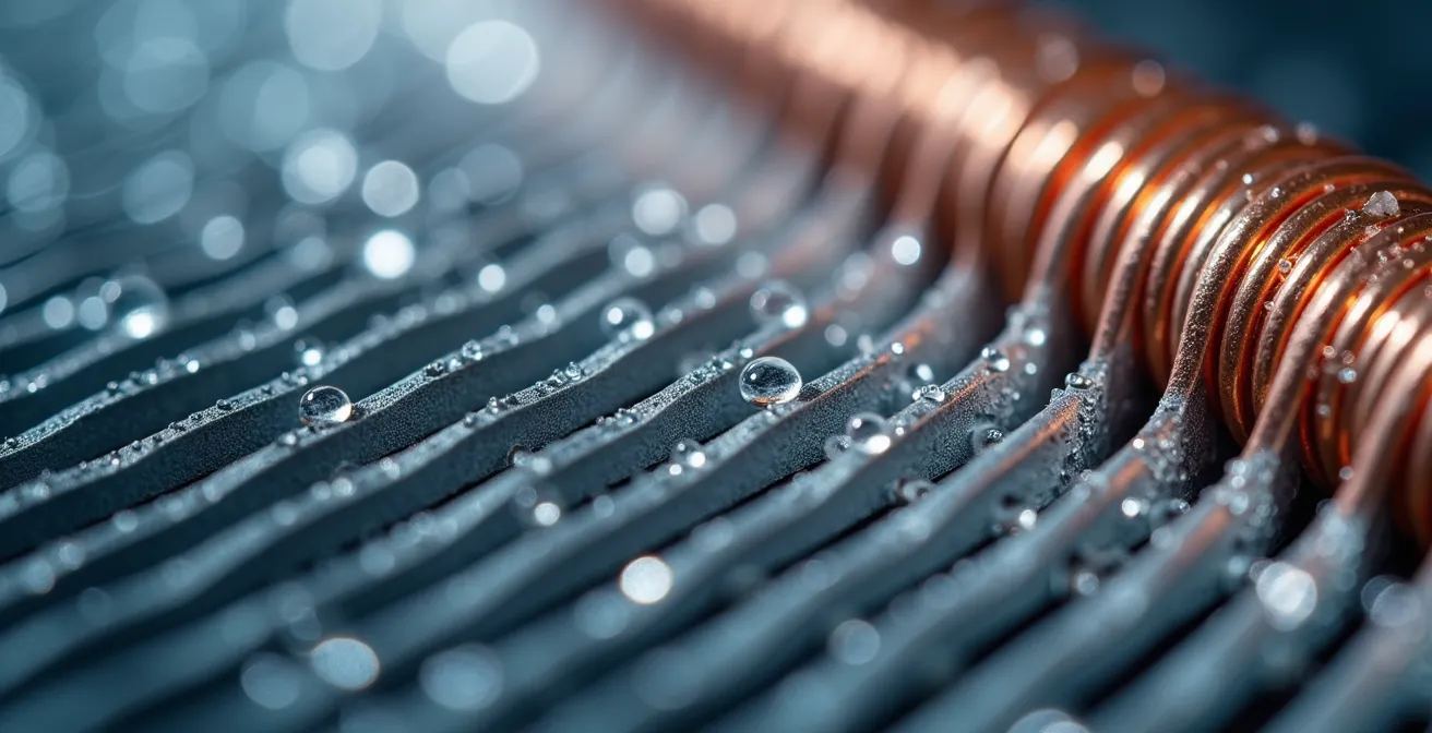Extreme close-up of heat pump fins showing advanced technology