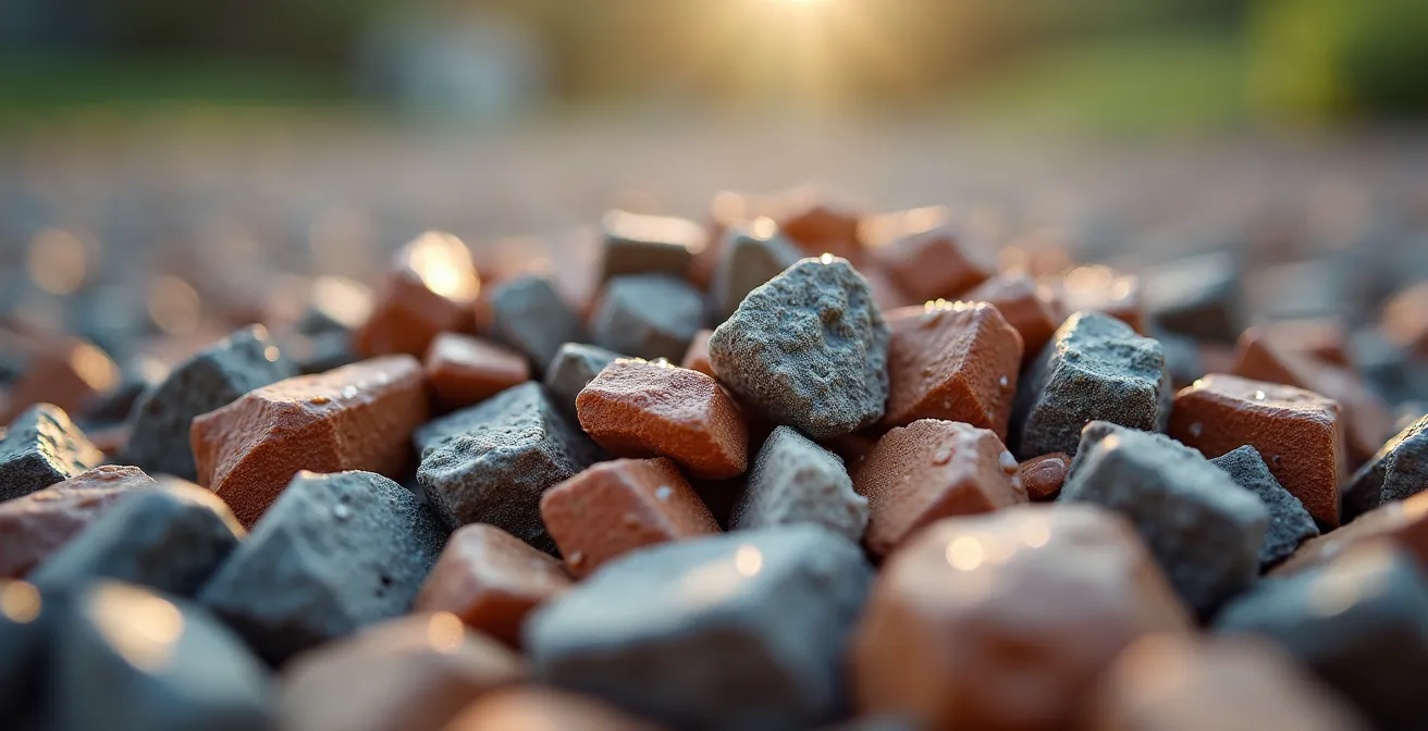 Extreme close-up of high-quality recycled Type 1 MOT aggregate texture
