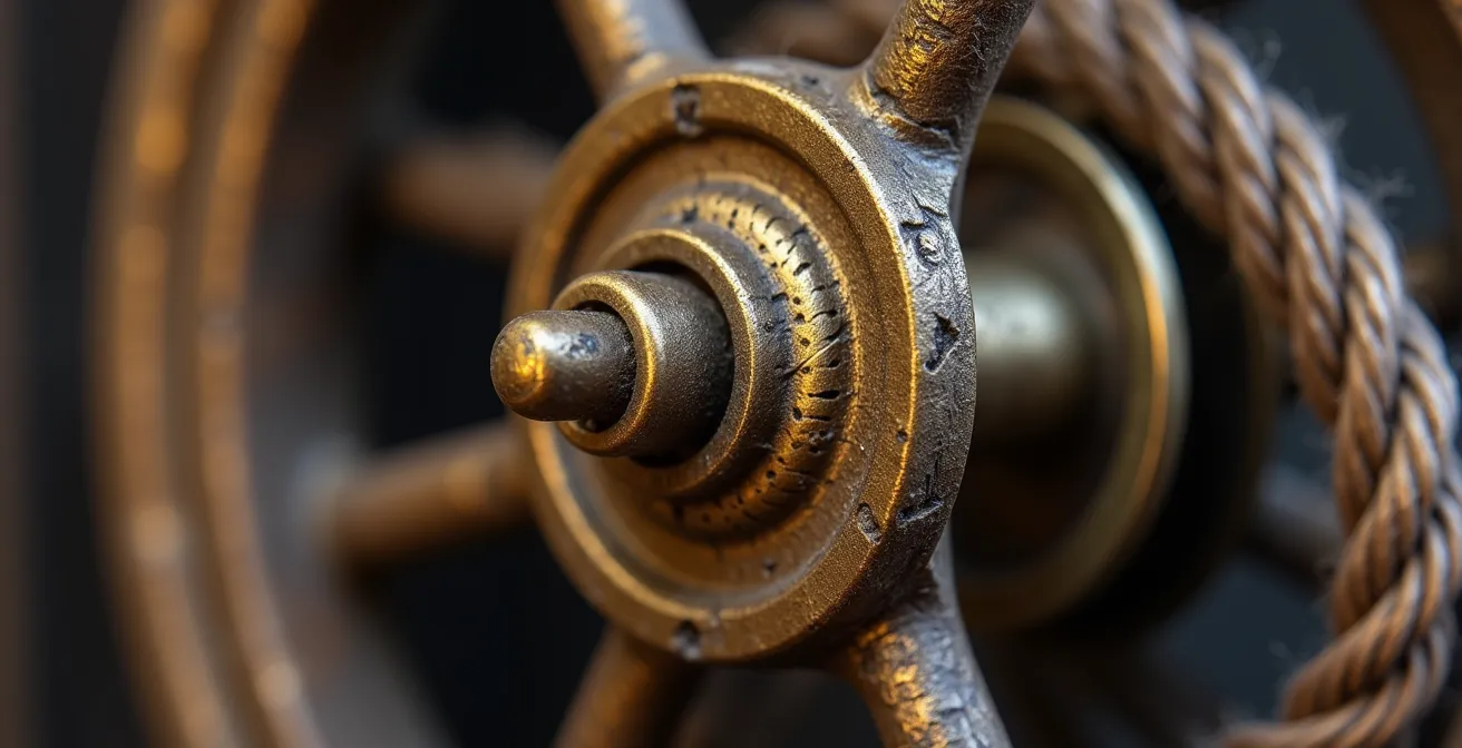 Extreme close-up of vintage brass sash window pulley with rope detail