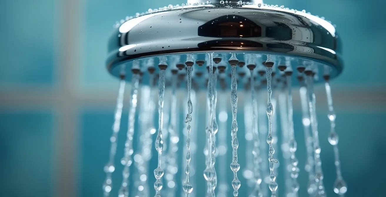Extreme close-up of water droplets flowing through shower head
