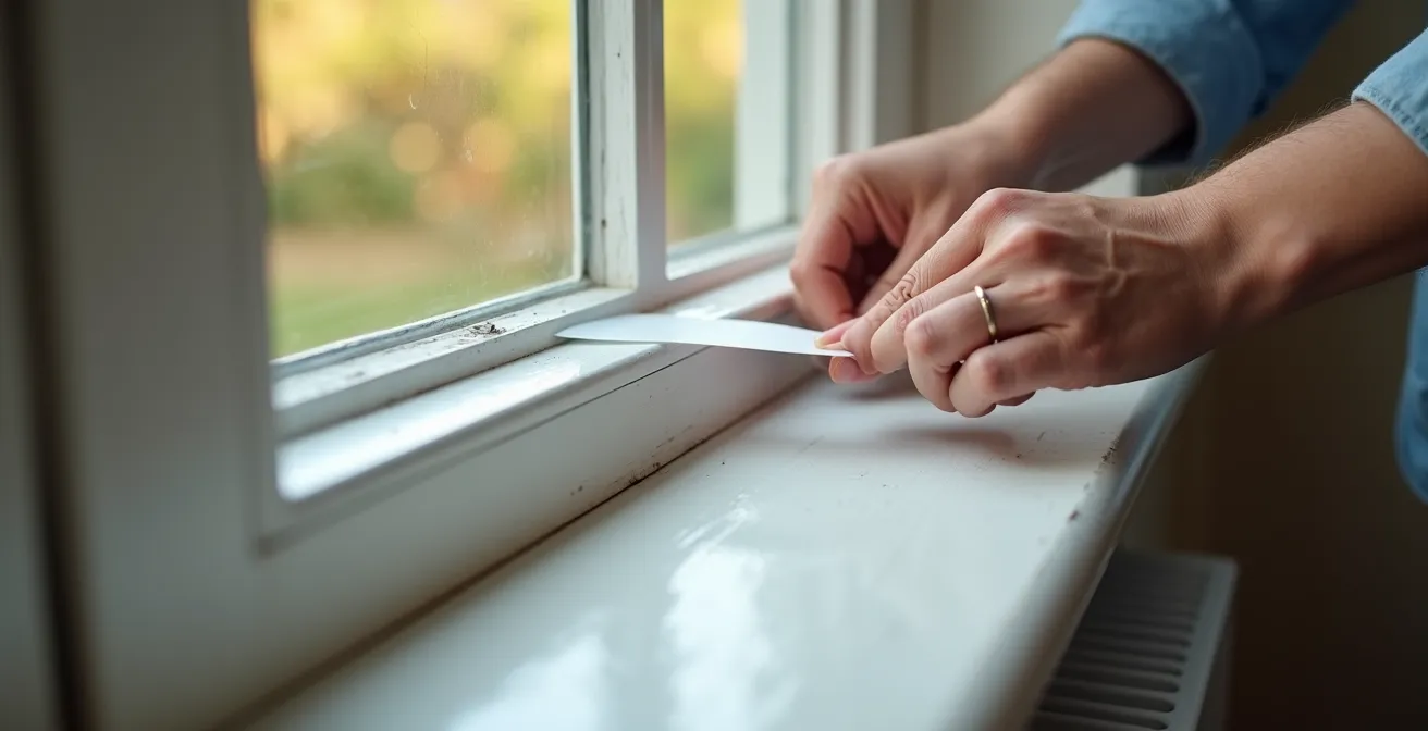 Close-up of magnetic tape being applied to Victorian window frame for secondary glazing