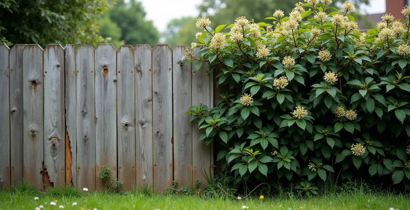 Split-view comparison of a mature native hedge and deteriorating wooden fence in British garden setting