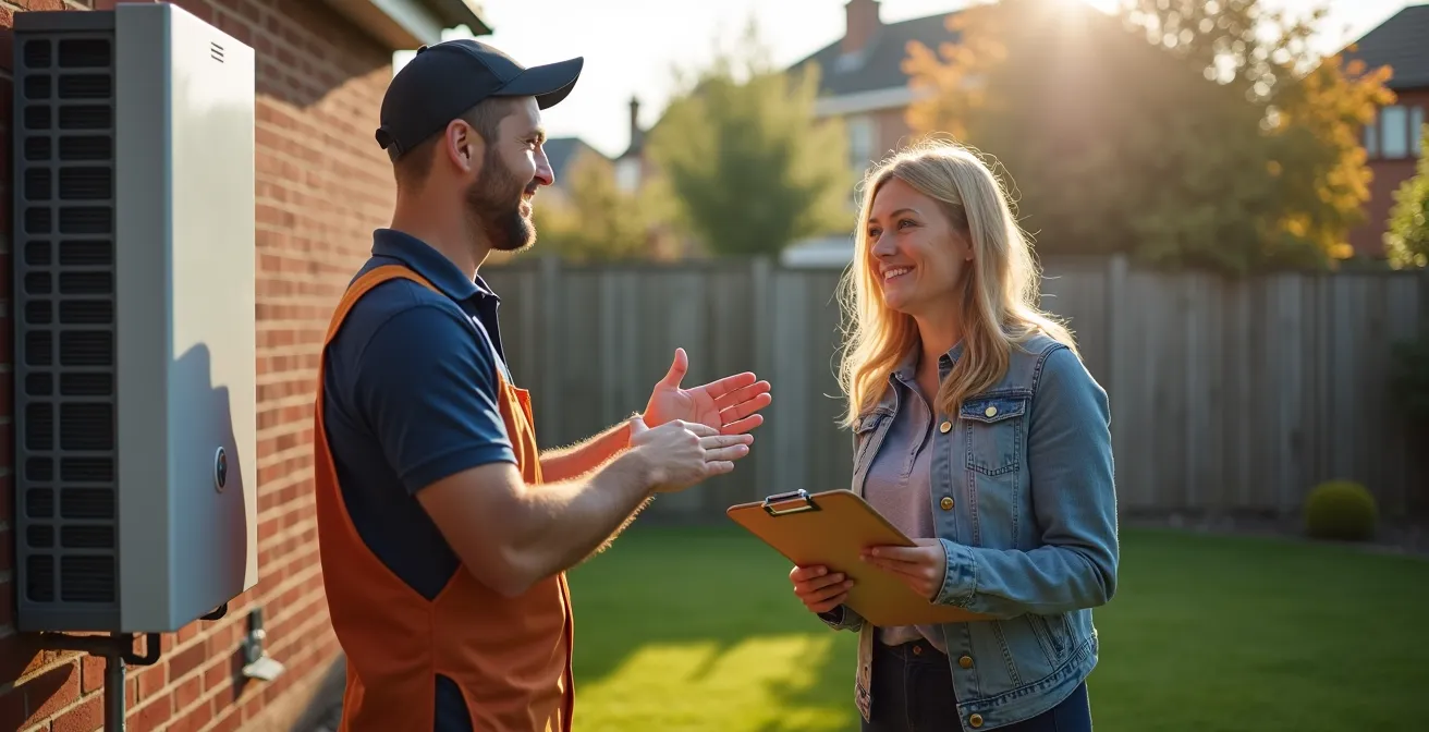 Professional installer showing heat pump options to homeowner in English garden