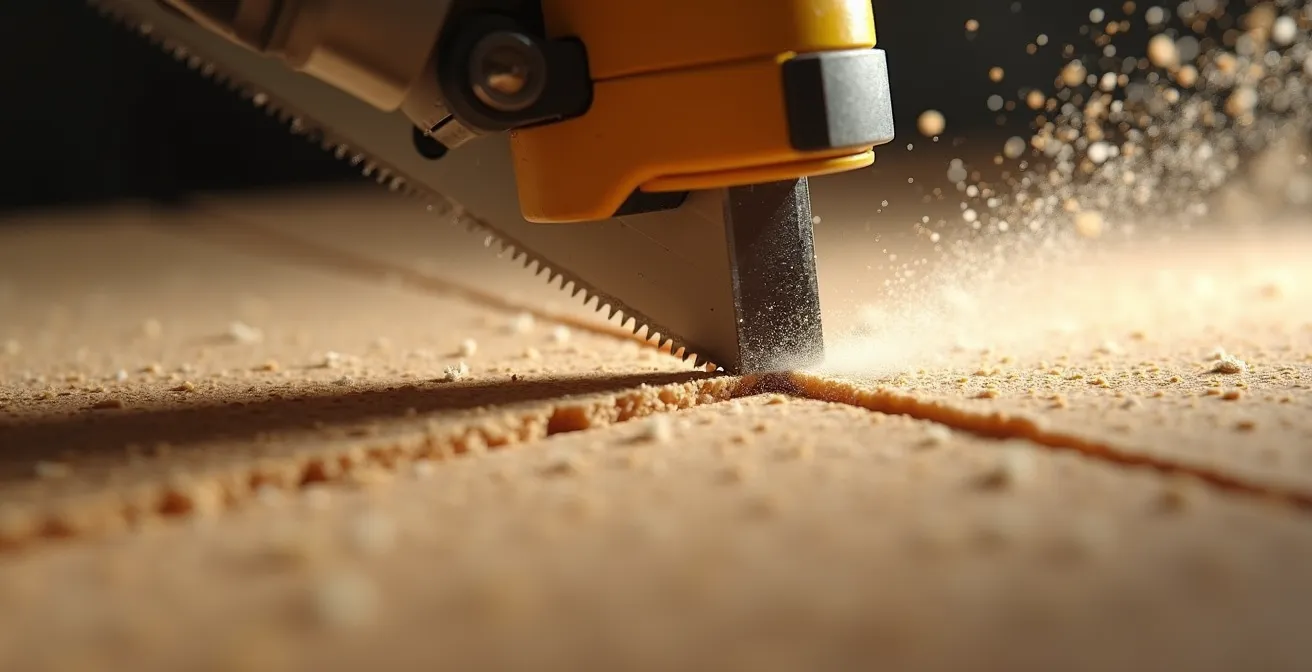 Extreme close-up of mycelium panel being cut with fine-tooth saw showing fibrous texture