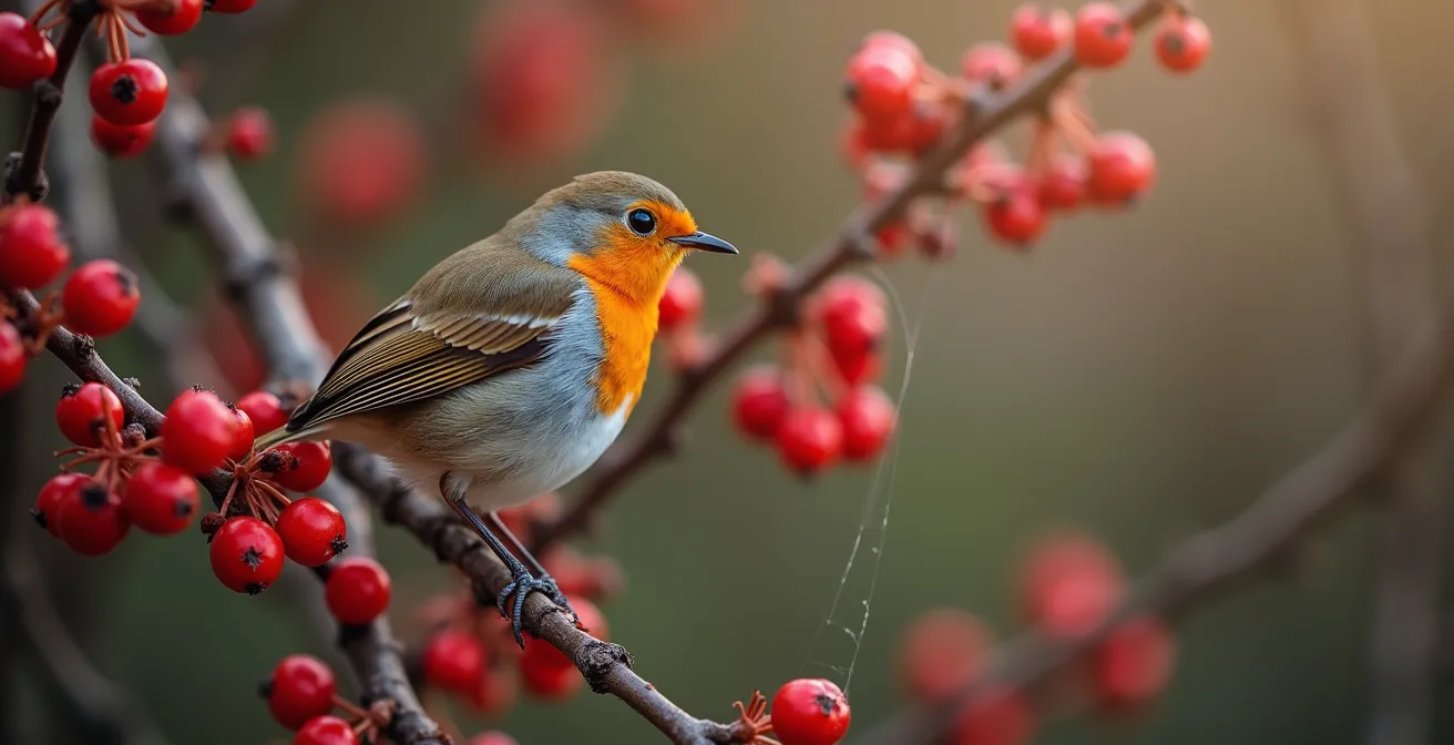 A dense native UK hedgerow with hawthorn berries showing birds nesting and foraging, contrasted with a bare wooden fence in the background