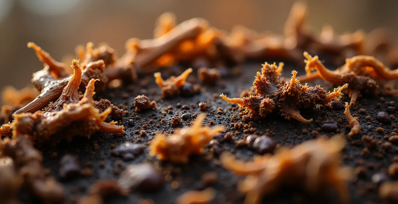 Extreme close-up of wood fibres with visible microorganisms depicting nitrogen consumption process in peat-free compost