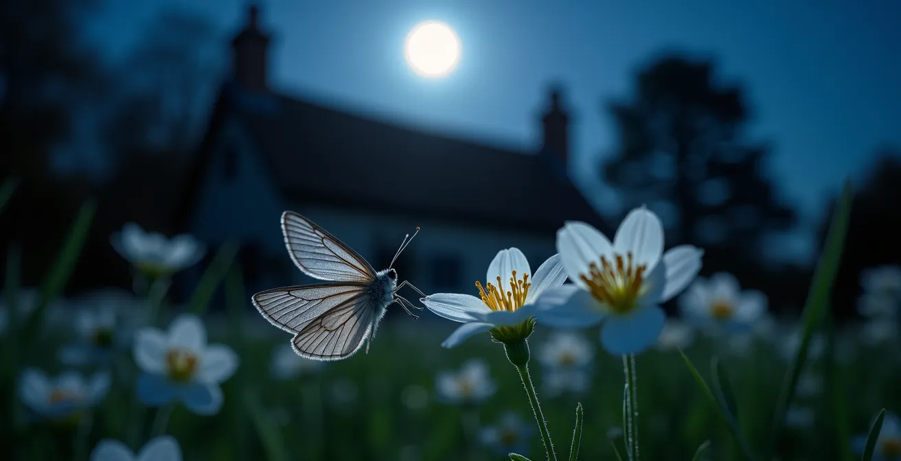 Silver Y moth feeding on white evening primrose flowers in moonlit English garden