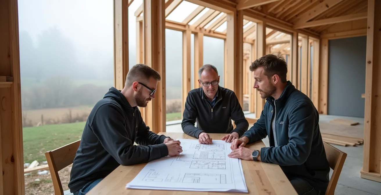 Wide shot of architects and consultants reviewing plans at a construction site