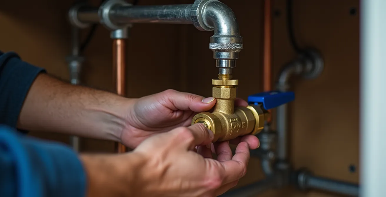 Professional plumber installing pressure reducing valve in typical UK home plumbing system