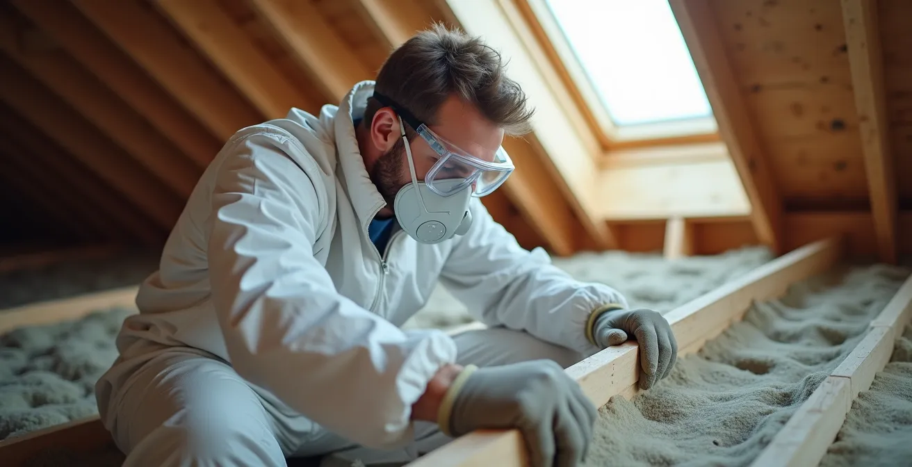 Close-up of professional installer wearing complete safety equipment while handling mineral wool