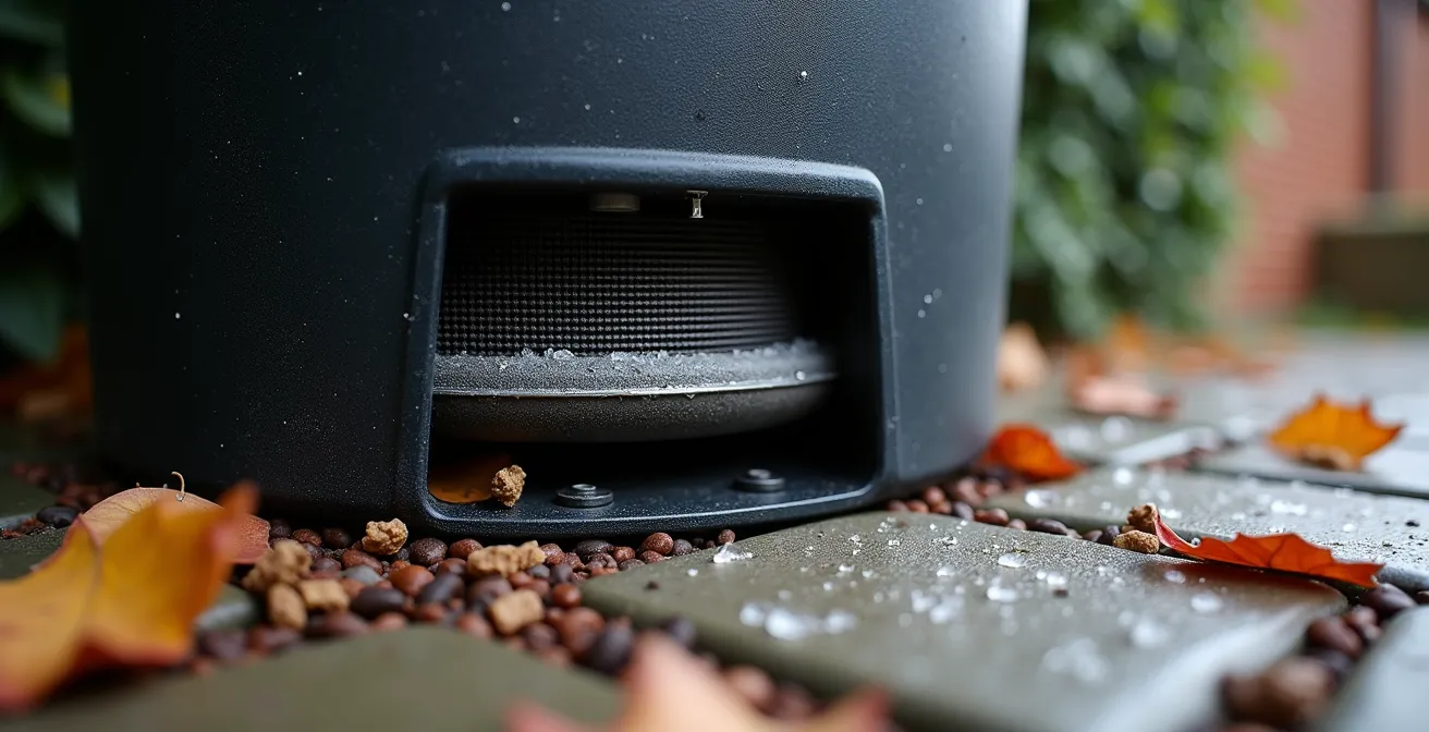 Close-up view of a properly secured Dalek compost bin with rat-proofing measures in a UK winter garden setting