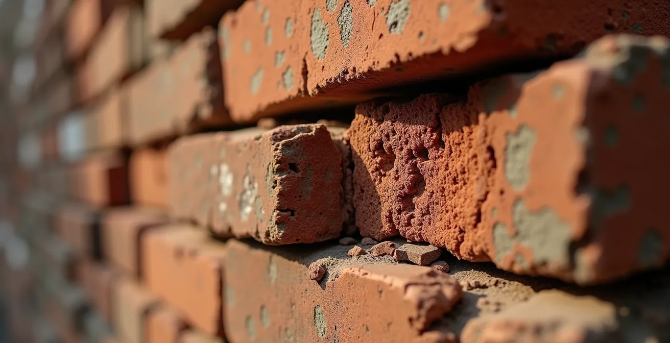 Extreme close-up of reclaimed Victorian bricks showing weathered textures and lime mortar remnants