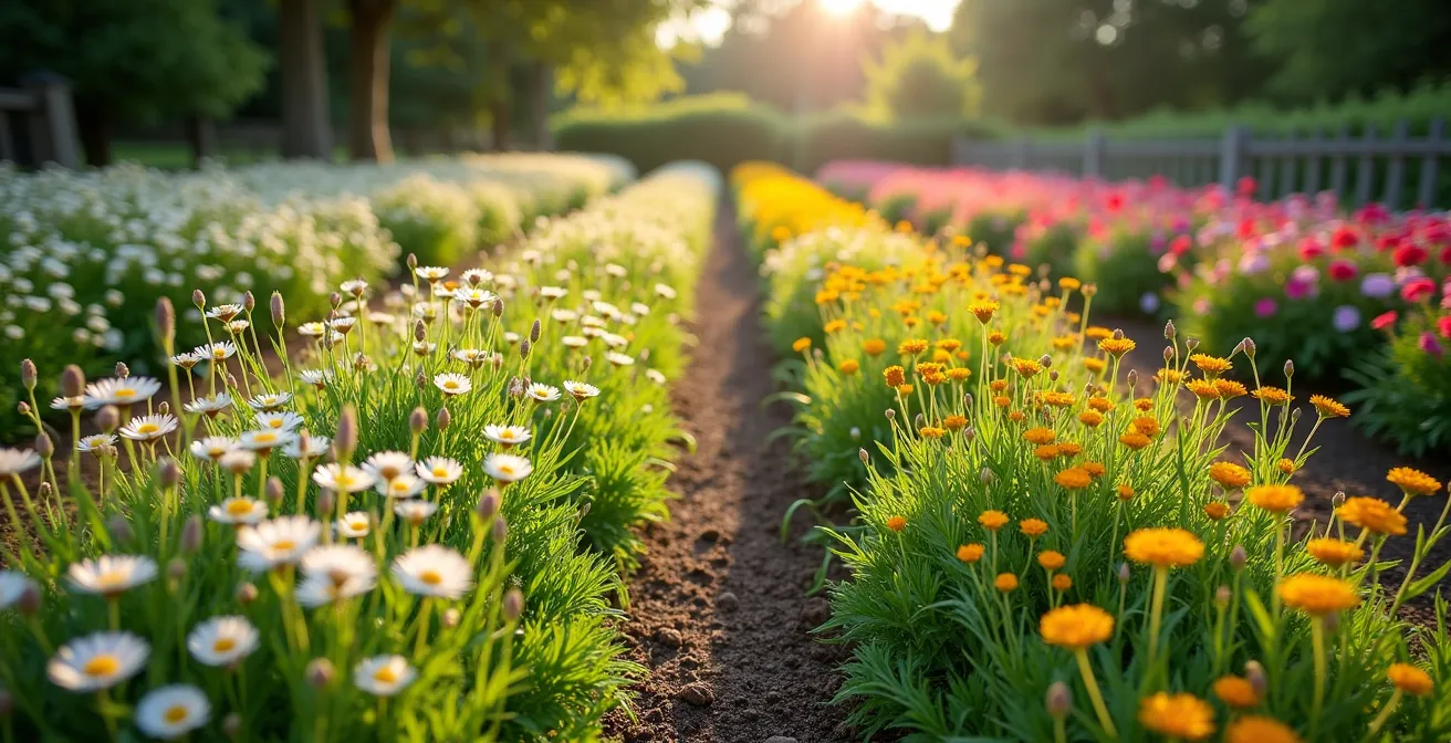 Split garden view showing a wild perennial meadow with self-seeding plants on the left versus a formal, manicured bedding arrangement on the right