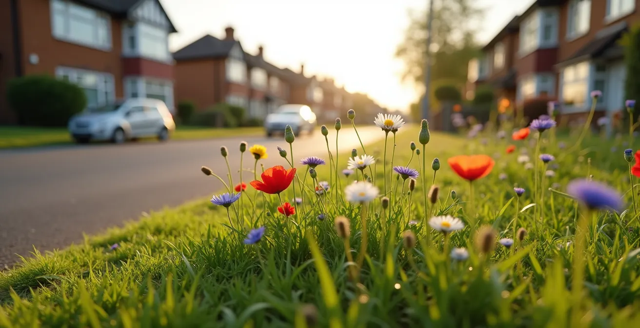 Wide view of a rewilded grass verge with native wildflowers along an English suburban street