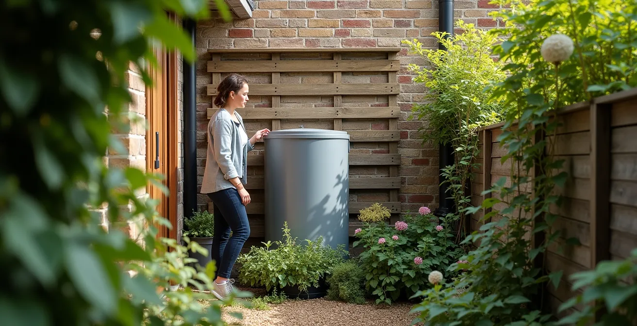 A narrow water tank fitted against a Victorian terrace wall, partially concealed by climbing plants.