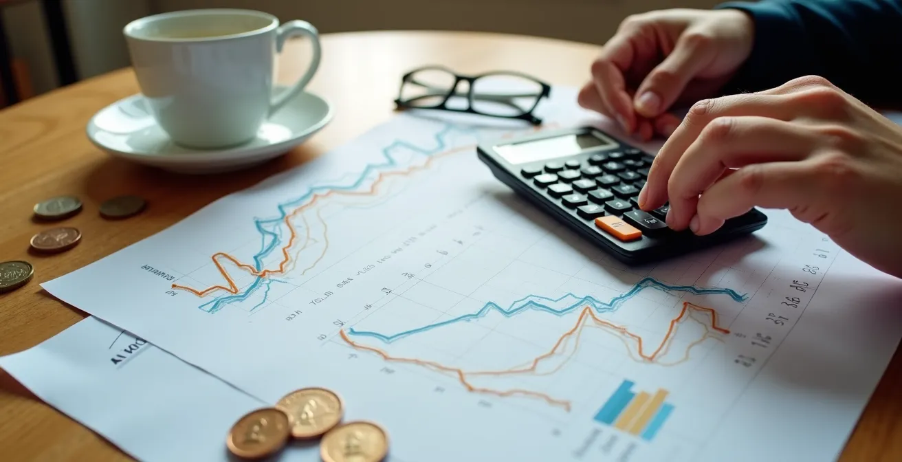Close-up of hands holding a calculator next to energy bills and charts showing seasonal usage patterns