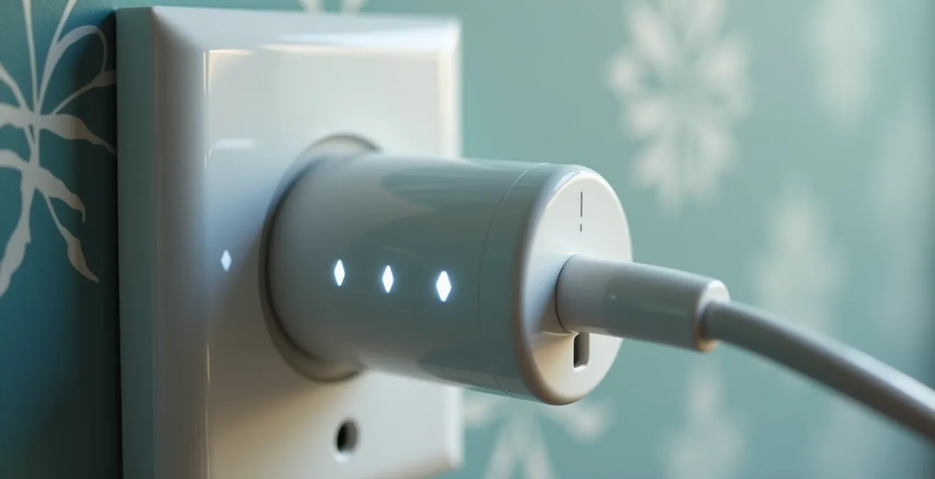 Close-up of smart plug with energy monitoring display in UK home setting