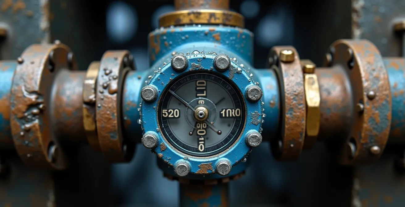 Extreme close-up of smart water meter showing flow indicators and detection mechanism