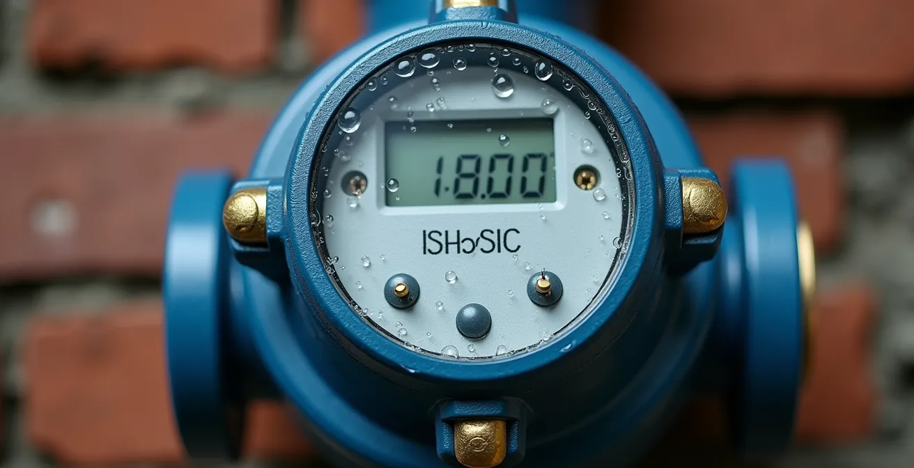 Extreme close-up of smart water meter display showing digital numbers