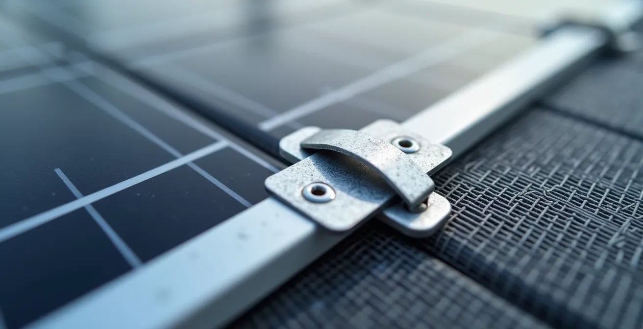 Close-up detail of professional metal mesh installation around solar panel edges