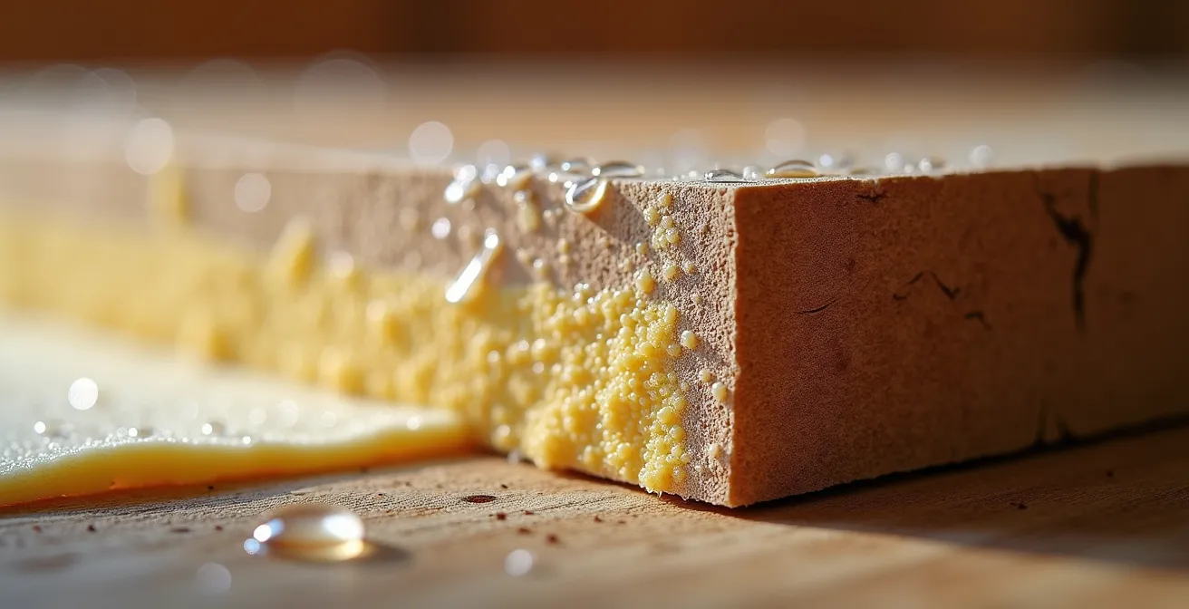 Extreme close-up of timber joist showing foam insulation and moisture effects